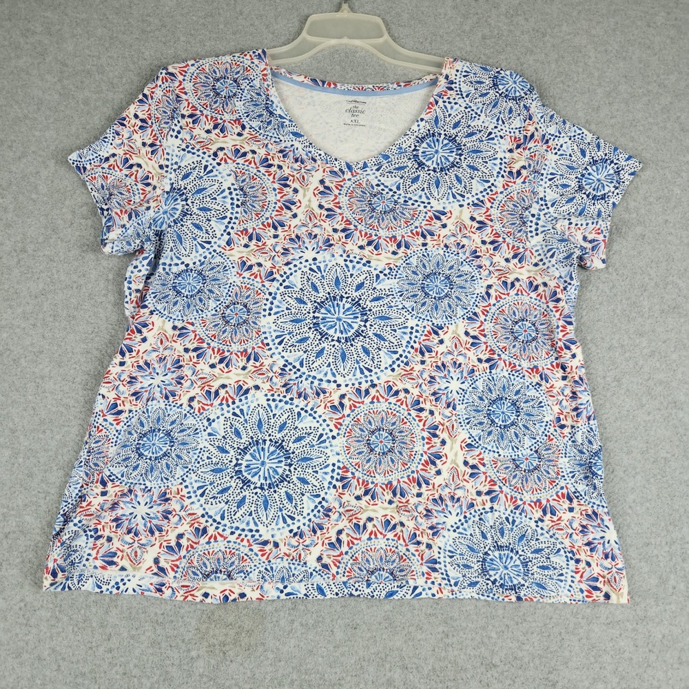 Croft & Barrow The Classic Tee‎ Shirt Womens XXL Blue Red Mandala Cotton V-Neck
